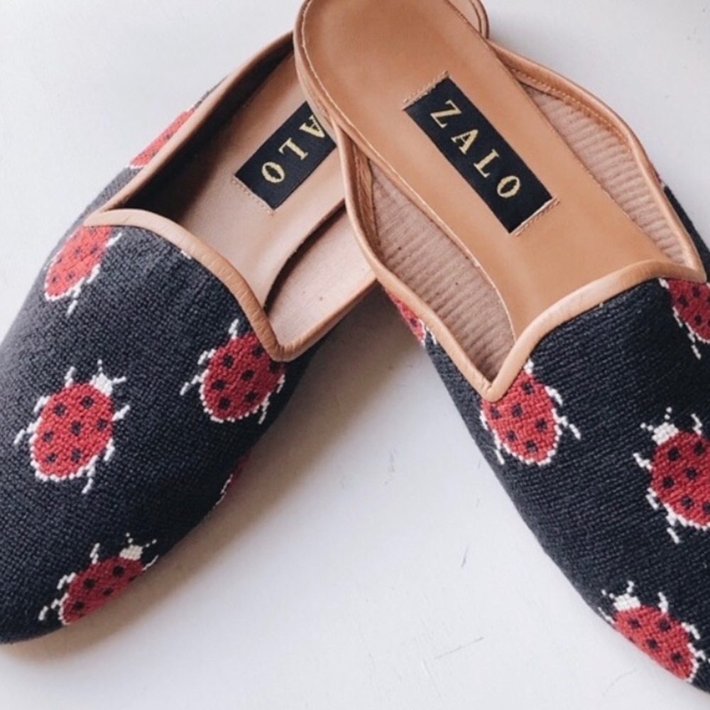 NWOT Anthro Zalos needlepoint ladybug mules sz 10